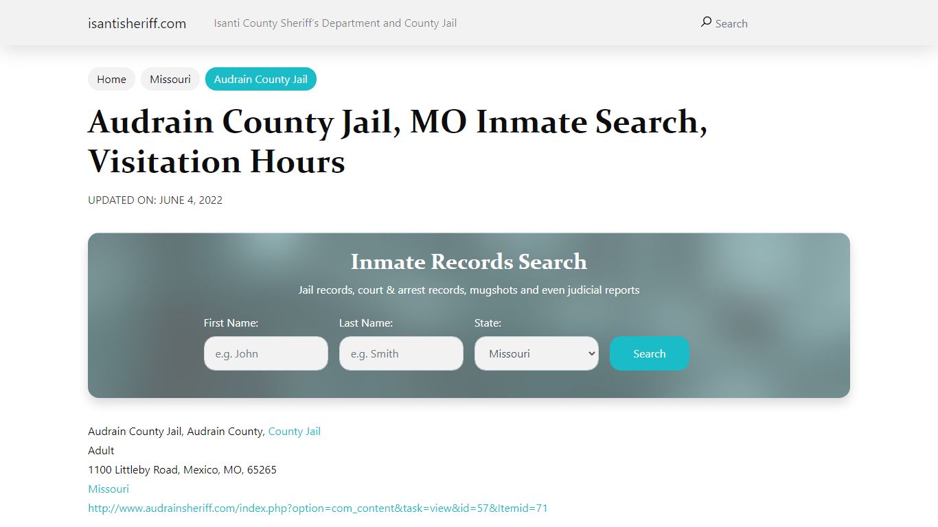 Audrain County Jail, MO Inmate Search, Visitation Hours - Isanti Sheriff